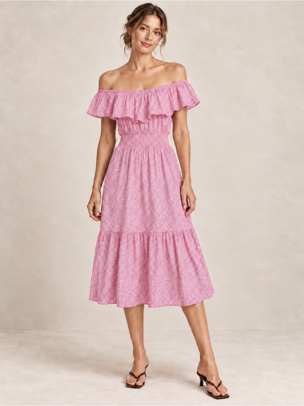 Oliphant Ruffle Neck Smocked Cotton Midi Dress Pink M